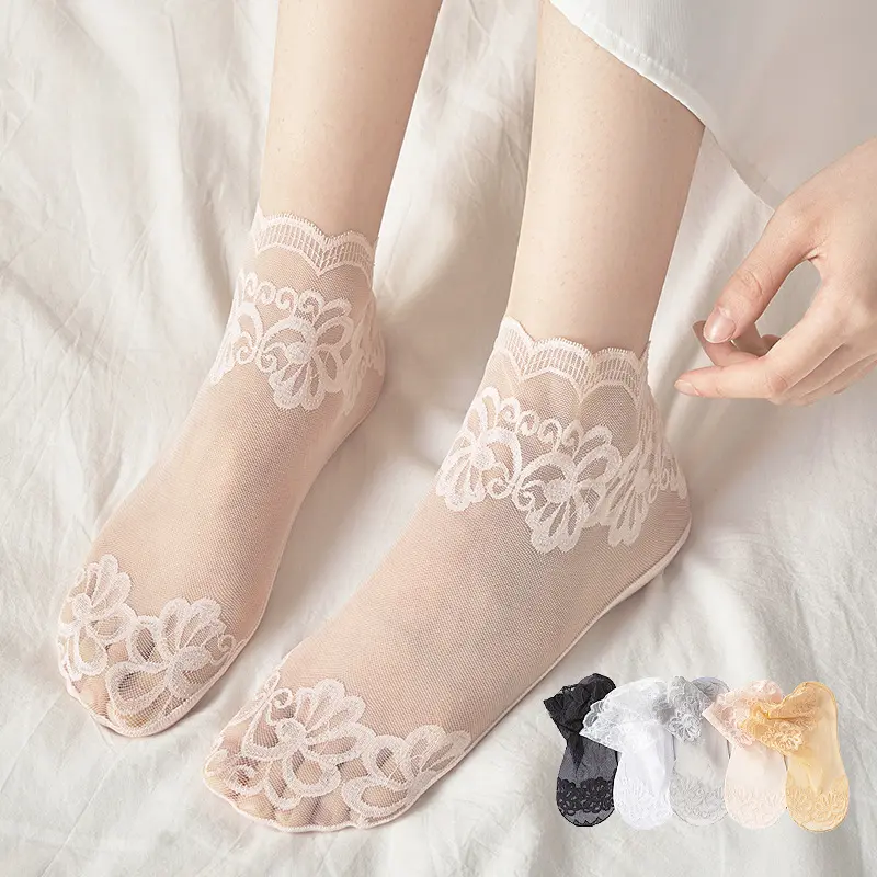 Women’s 5-Pair Fashion Invisible Lace Ankle Socks - Breathable Low-Cut Floral Liners, Thin Sweat-Absorbent Summer Calf Compression Socks for Ladies, Invisible Socks