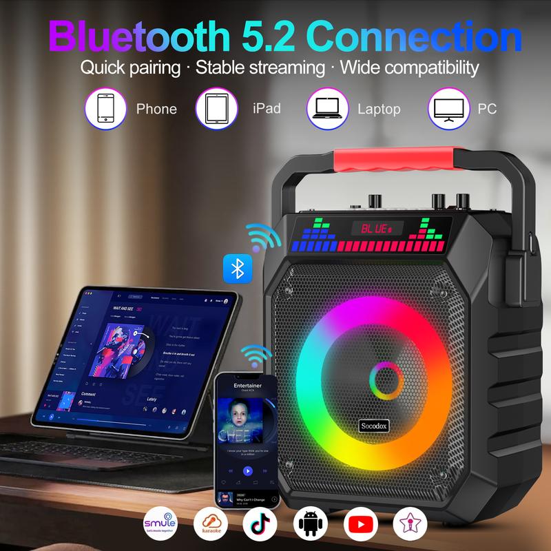 Socodox Karaoke Machine for Adults & Kids Portable Bluetooth 5.2 Speaker with 2 Wireless Microphones RGB Lights AUX USB TF AUX Home PA System for Family Party Outdoor Fun
