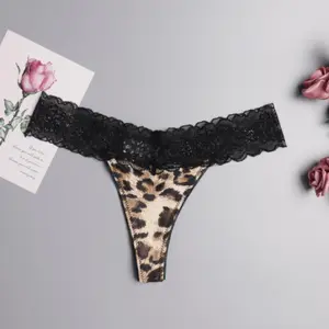 Sexy cute black leopard print lace thong panties for women, low rise