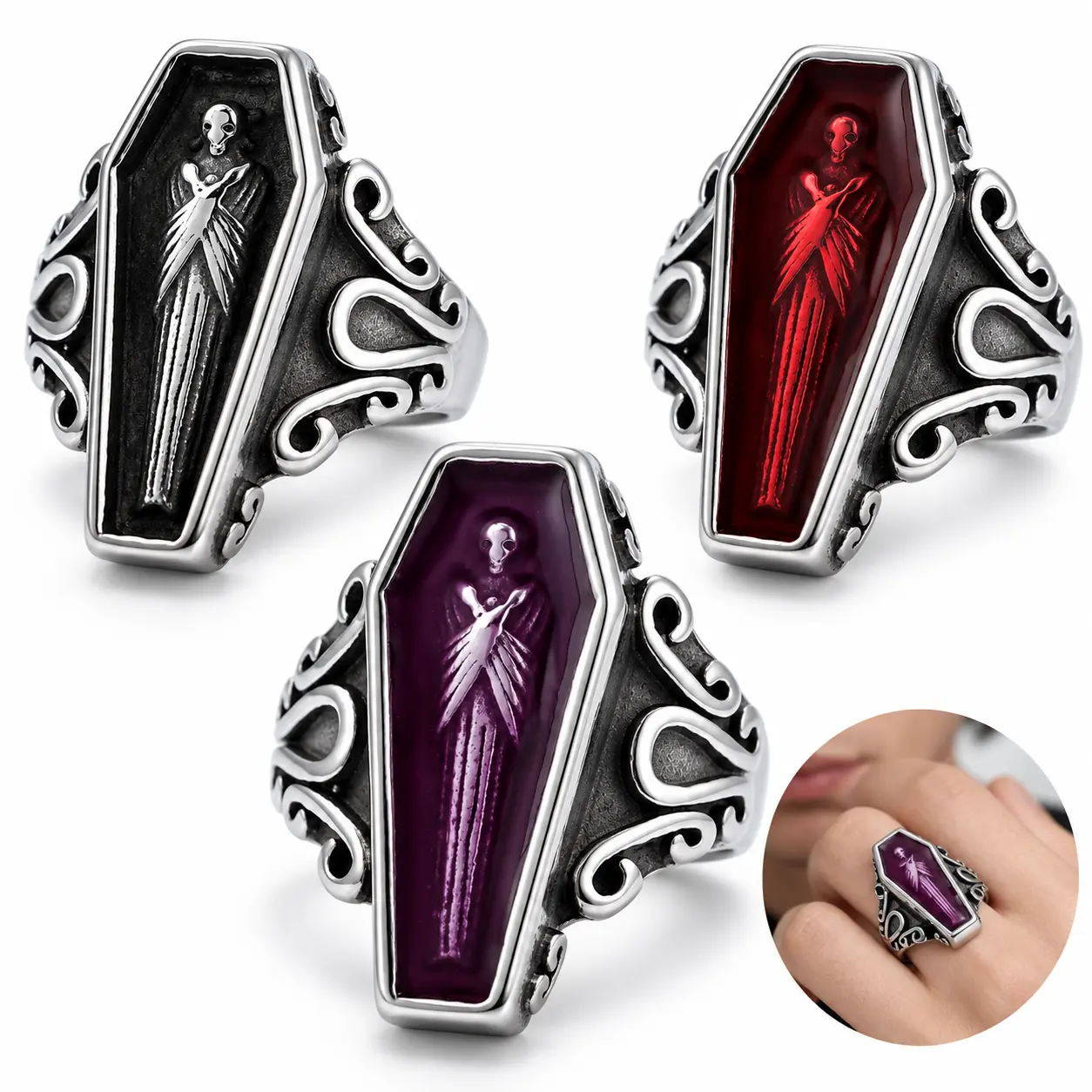 Men's Stainless Steel Vampire Coffin Cross Ring,Vampire Gothic Coffin Cross Design,Stainless Steel,Dark Style Jewelry