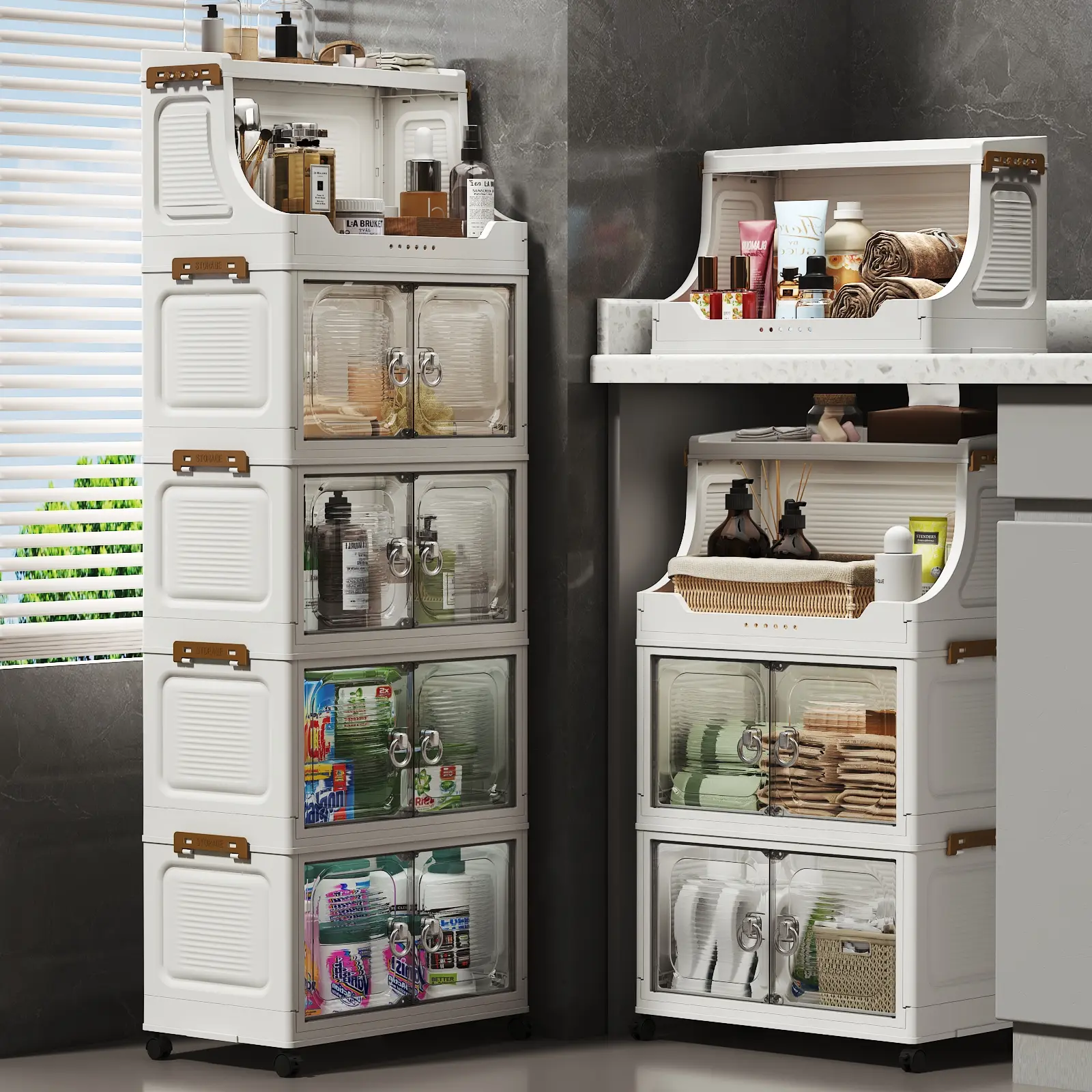 Tool-Free White Foldable Stackable Storage Cabinet with Open Top Compartment & Double Transparent Doors, Lockable Universal Wheels Rolling Modular Organizer with Side Hooks, Space-Saving Trolley for Bathroom, Laundry, Bedroom & Small Apartments