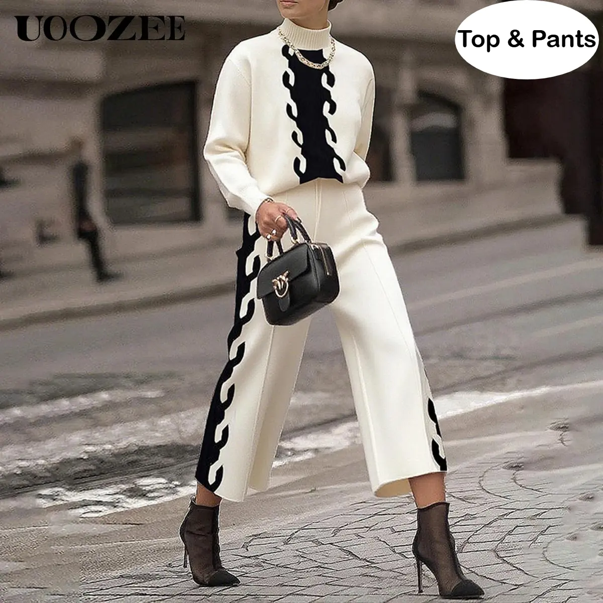 UOOZEE Women's Thick Knitted 2-Piece Matching Set, Color-Block Streetwear Outfit with a Long Sleeve Turtleneck Sweater and High-Waist Straight-Leg Pants