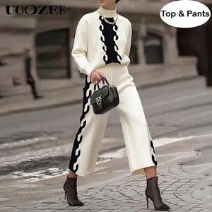 UOOZEE Women's 2-Piece Thick Knitted Autumn Outfits, Minimalist Streetwear Style Set - Basic Long-Sleeved Color-Blocked Turtleneck Sweater & Elastic High-Waisted Loose Straight-Leg Warm Stretch Pants,summervibes