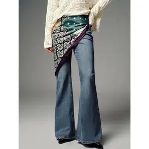 URBAN REVIVO Women's Lady Fitted Polyester-Cotton Flared Leg Denim Pants, 2026 Spring Casual Streetwear, Hip Bottom with Fun Print Scarf Detail, UWH860025