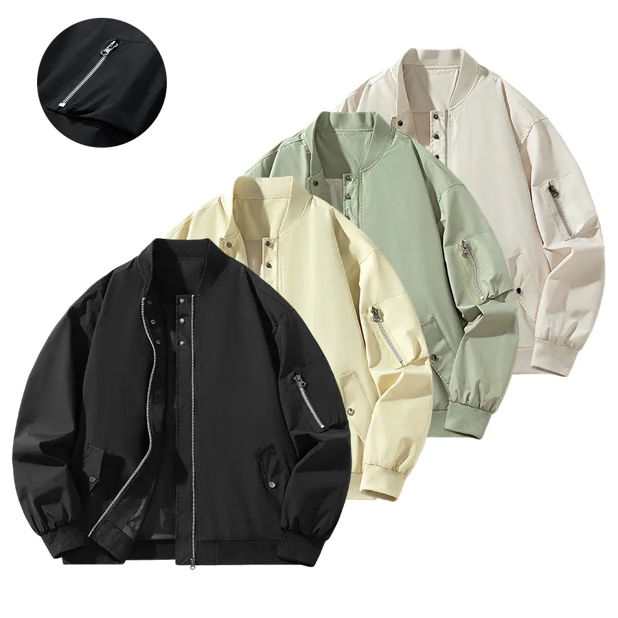 American vintage baseball-collar flight jacket, a classic basic piece that suits various styling options. Lightweight fabric with slight water resistance and wind protection. Zippered arm pockets + slant inset pockets for convenient storage. Ribbed hem pr