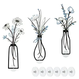 3 Pieces Metal Floral Wall Art - Rustic Farmhouse Decor Simple Floral Wall Decor for Living Room Bathroom Kitchen Bedroom Dining Room - Moving Gift, No Drilling Required, Gray