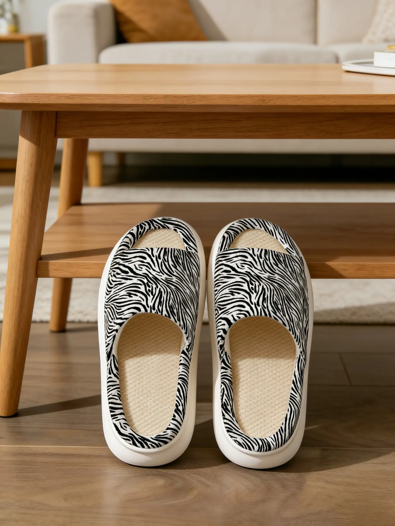 Classic Zebra Print Home Slippers, Waffle Linen Breathable, Minimalist Cool Daily Thick Sole Sandals, Comfortable Indoor Footwear
