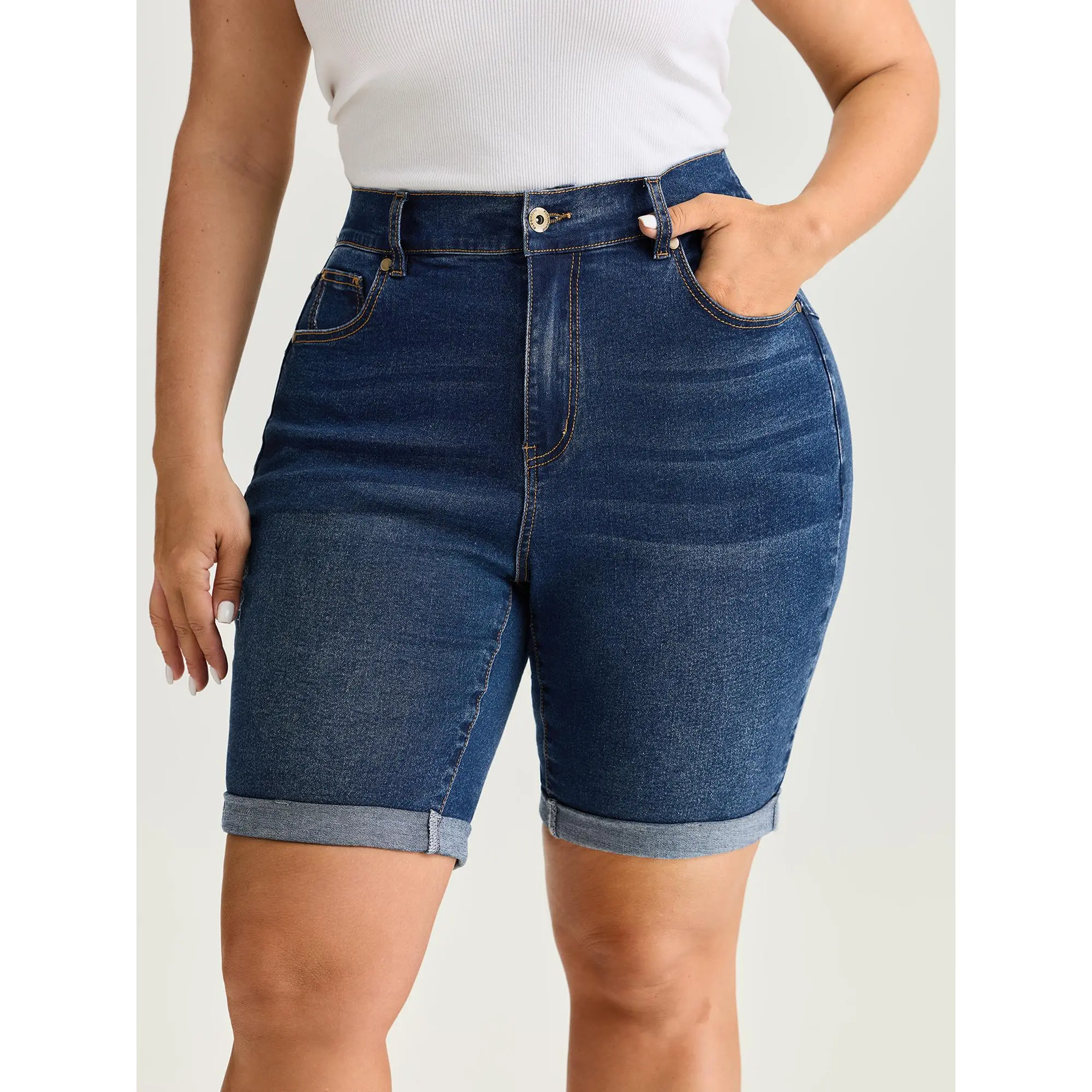 BloomChic Plus Size Curvy Skinny Fit Jean Shorts, High Stretch Cotton Jorts for Women with No-Gap Waist, Casual Pull-On Style, Garment, Pocket, Bottom, Fabric, Spandex, Basic, Cotton Blend, Cold Wash,clothes for back to school,first day of school outfits