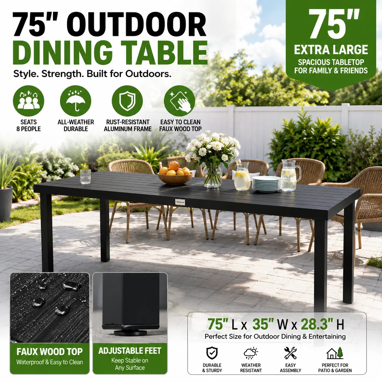 75x35 Inch Outdoor Dining Table 8 Person Rectangular Patio Table All Weather Faux Wood Top Black Aluminum Frame Heavy Duty Weatherproof Backyard Furniture Summer Entertaining Deck Large Family BBQ Party