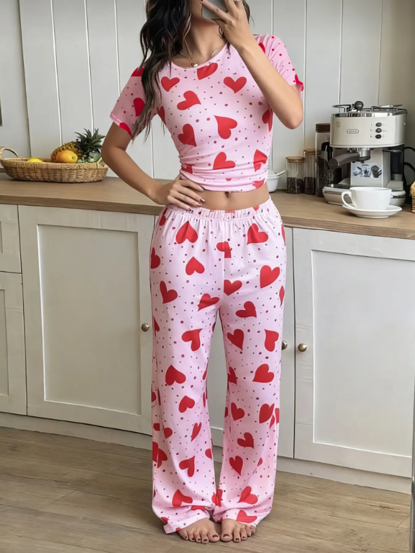 Women's Heart Print Round Neck Long Sleeve T-Shirt & Loose Loungewear Sleepwear Set, Cute Casual Home Wear for Teens Girls, 2 Piece