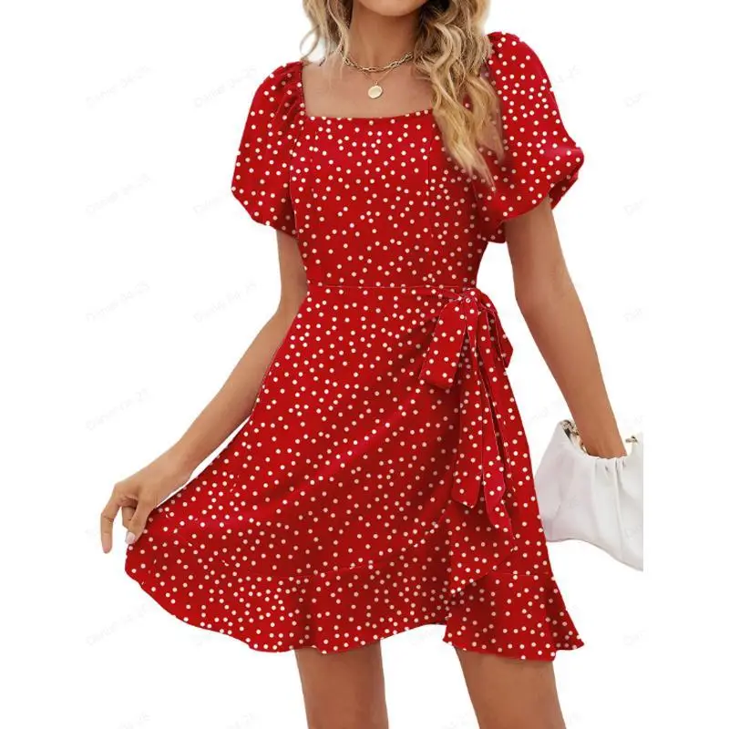 OFEEFAN Womens Summer Dresses Square Neck Puff Sleeve Tie Waist Short Dress