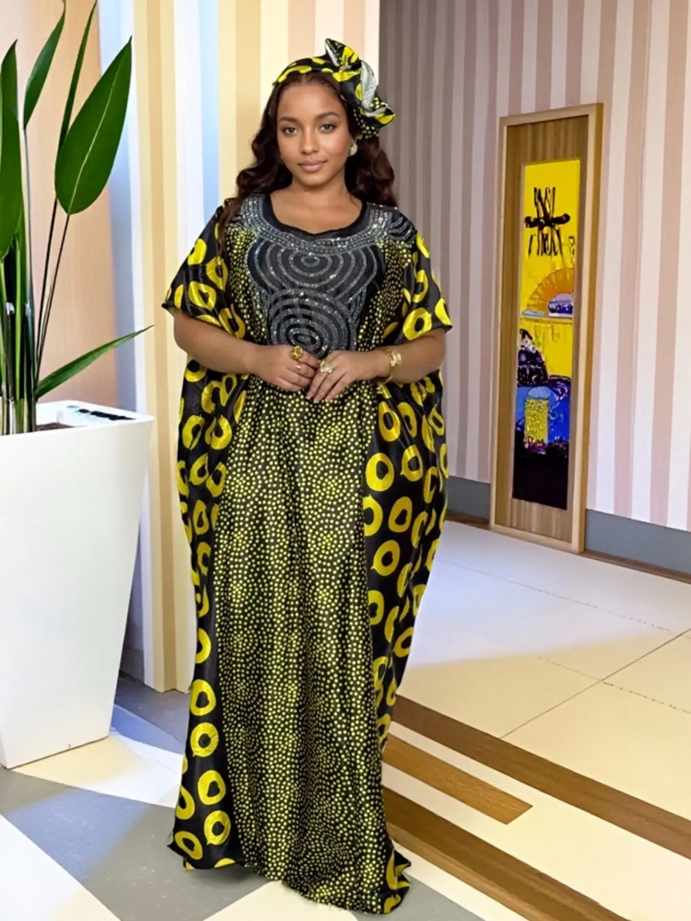 African Nigerian Style Women's Dress, Rhinestone Loose Fit Elegant Boubou Kaftan, Printed Casual Daily Party Beach Vacation Dress, Round Neck Short Sleeve with Pockets, Casual Boho Chic, Boho Summer Dress