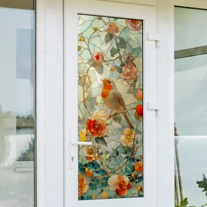 1Pc (40*100cm) Painted Glass Flower and Bird Static Window Cling, Retro Elegant Theme, Glue-Free Privacy Glass Decor Sticker