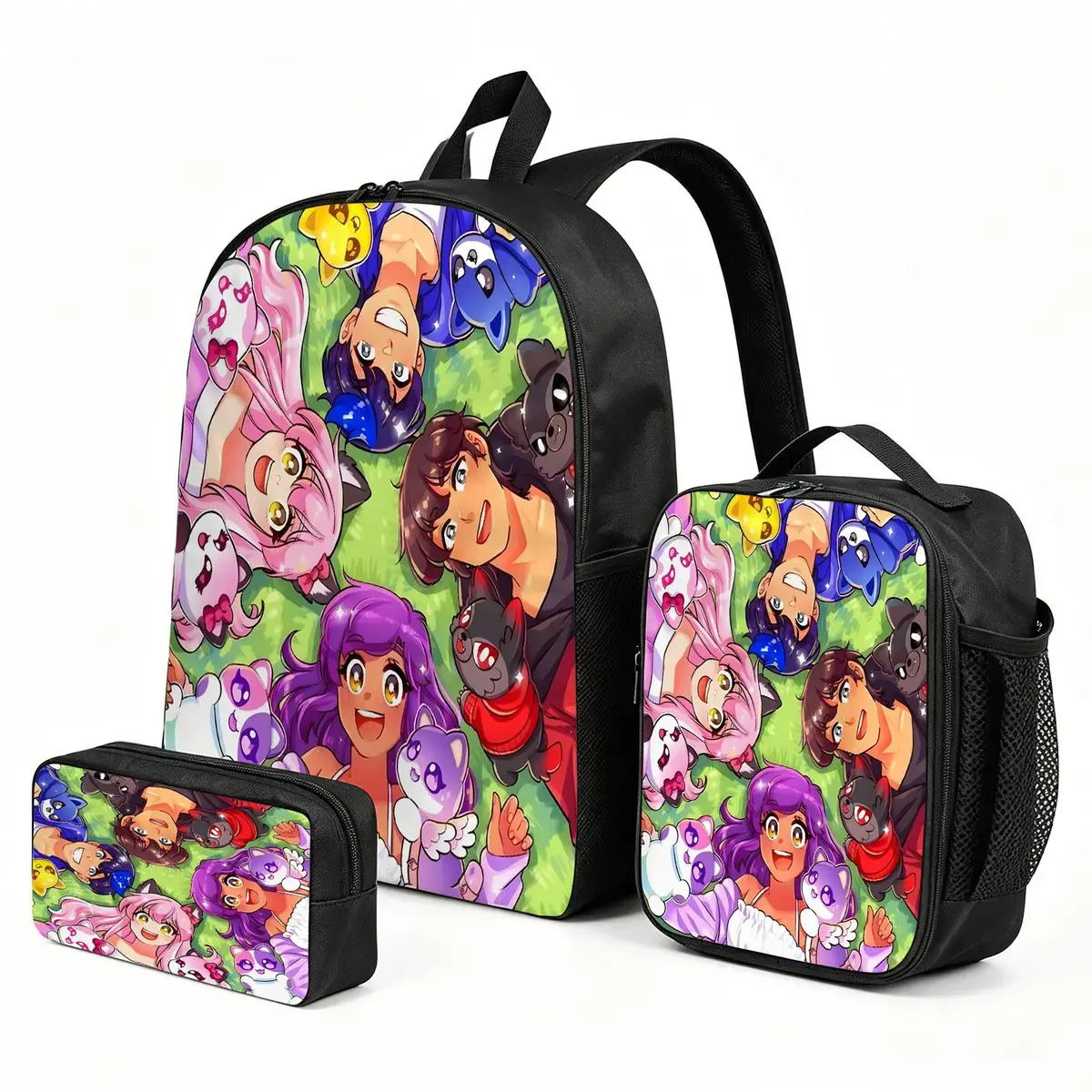 Aphmau 3PCS Kids Backpack Set - Vibrant Graphic, No Wheels, Insulated Lunch Bag, Cute Printed School Bookbag, Pencil Case Combo for Picnic & Travel, Elementary School, Theme Travel, Back To School Haul, One Size
