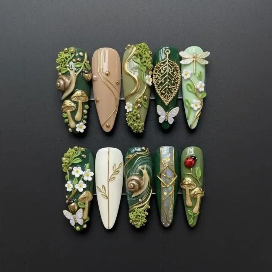 Fairy Gold Forest Press On Nails Set 3D Snail Butterfly & Mushroom Hand Painted Gif For Birthday Party, Wedding Nails