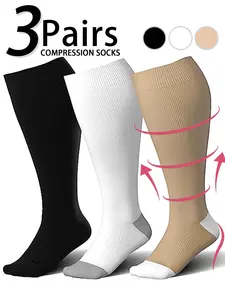 3 Pairs Unisex Design Compression Support Socks, 20-30 Mmhg Wide Calf Fit Extra Large, Circulation, Running, Nurses, Pregnant Women, over Knee Height, Versatile Use
