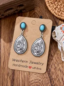 Vintage Western Turquoise Teardrop Earrings, Cactus Floral Carving Pattern, Bohemian Cowboy Style Women's Jewelry, Perfect for Daily Wear and Gifts