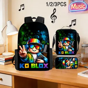 KOBLOX Gamer 3-Piece Backpack Set, Rainbow Roblox Style Character Print School Bag + Lunch Bag + Pencil Case, Oxford Cloth Adjustable Strap Daypack for Gamers & Kids