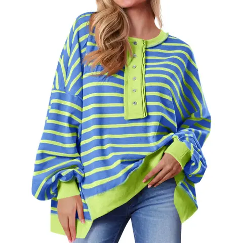 Tankaneo Womens Oversized Striped Sweatshirts Henley Shirts Color Block Casual Pullover Waffle Knit Tops