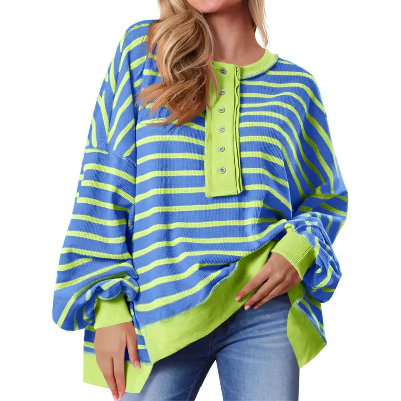 Tankaneo Womens Oversized Striped Sweatshirts Henley Shirts Color Block Casual Pullover Waffle Knit Tops