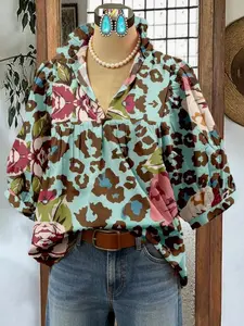 Vintage Rustic Spring Shirt for Women - Stand Collar & Pleated Flutter Sleeves with Floral Paisley Print