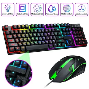 104-Key Wired Rainbow Keyboard and Mouse Set, LED Backlit Mechanical Feel Keyboard, Quick Response Ergonomic Mouse for PC/Laptop Gamers, 104 Keys