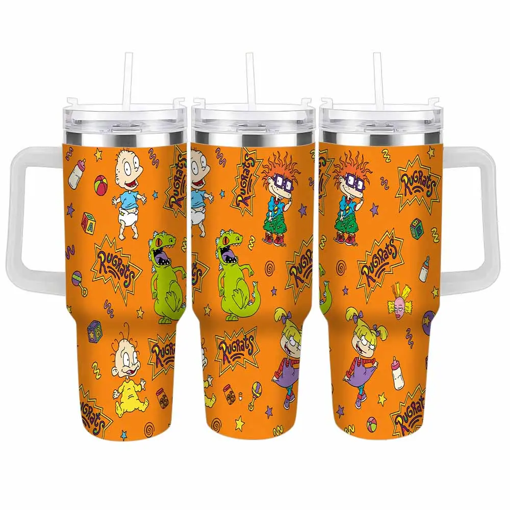 Rugrats Themed Tumbler Cup 40oz/30oz Nostalgic 90s Cartoon Print Double Wall Vacuum Insulated Stainless Steel Travel Mug Spill Proof Lid Handle For Office Desk Outdoor Hiking Daily Commuting Fitness Workout Birthday Gifts