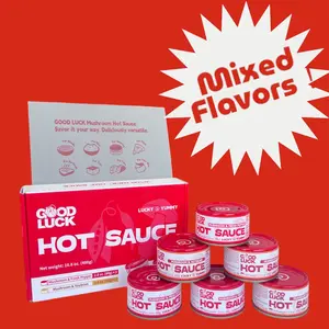 Mild & Hot Yummy Hot Sauce Two Flavors Pack of 6 Cans with Mixed Flavor, Good Luck Chili & Mushroom Hot Sauce 100% Vegan, No Meat, Perfect for Dip (2.8 oz each)