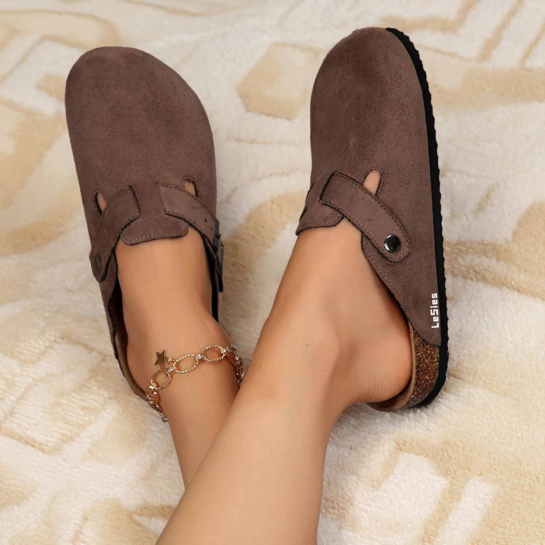 Womens Casual Slippers Comfortable Footbed Suede Light Slippers Potato Shoes with Adjustable Buckle Springfresh Summer Vibes