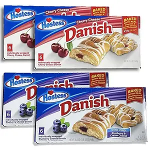 Hostess Blueberry & Cherry Danish Combo Pack | Individually Wrapped | 6 Count Box | Pack of 4 (24 Total)
