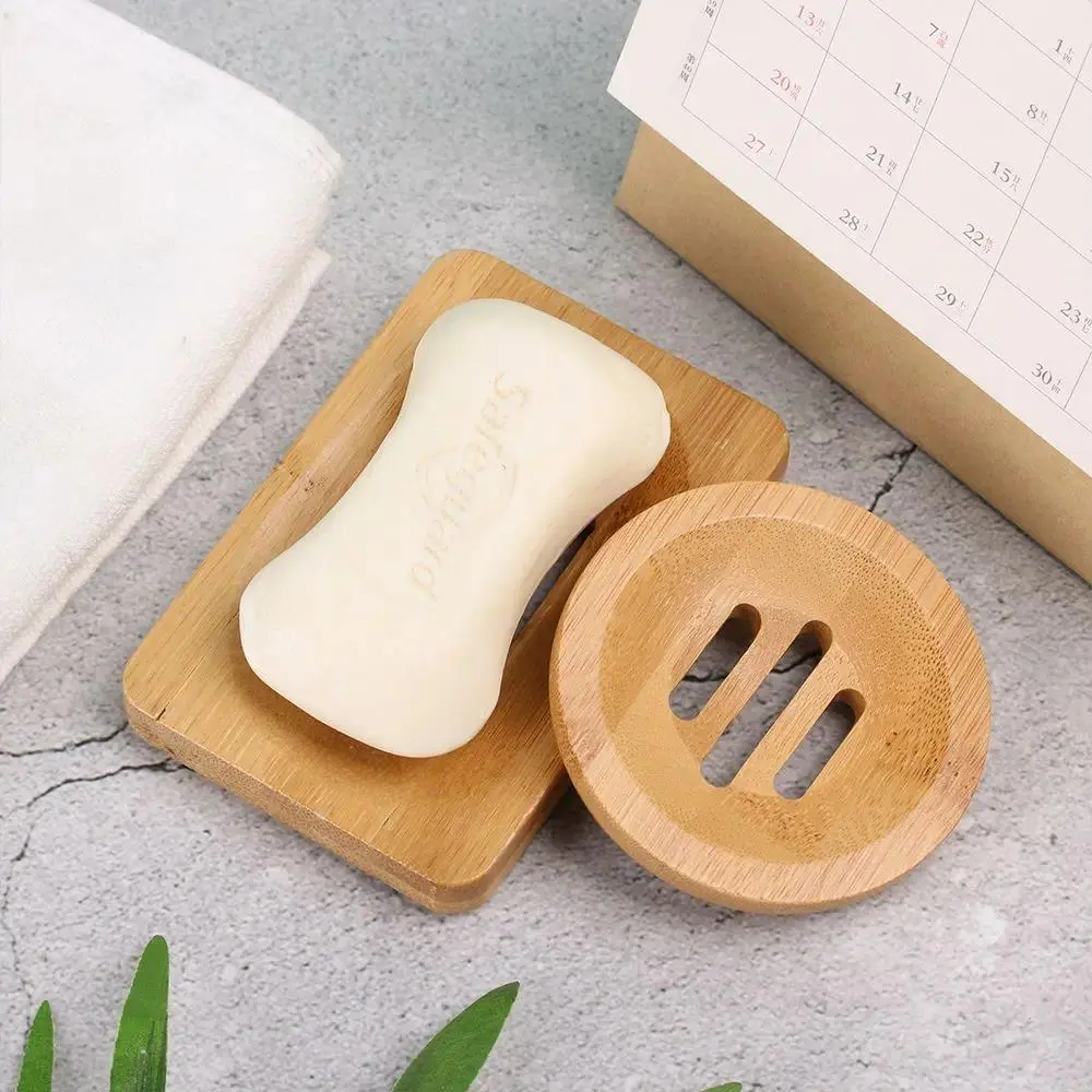 Natural Bamboo Wooden Drainage Soap Dish - Sturdy Bathroom Holder, 7.9*12cm Square/8*8cm Round Storage Box Tray for Wash Shower Use