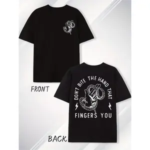 Black Graphic T Shirt with Snake Design Hand Holding Snake and Dont Bite The Hand That Fingers You Quote Trendy Casual Wear