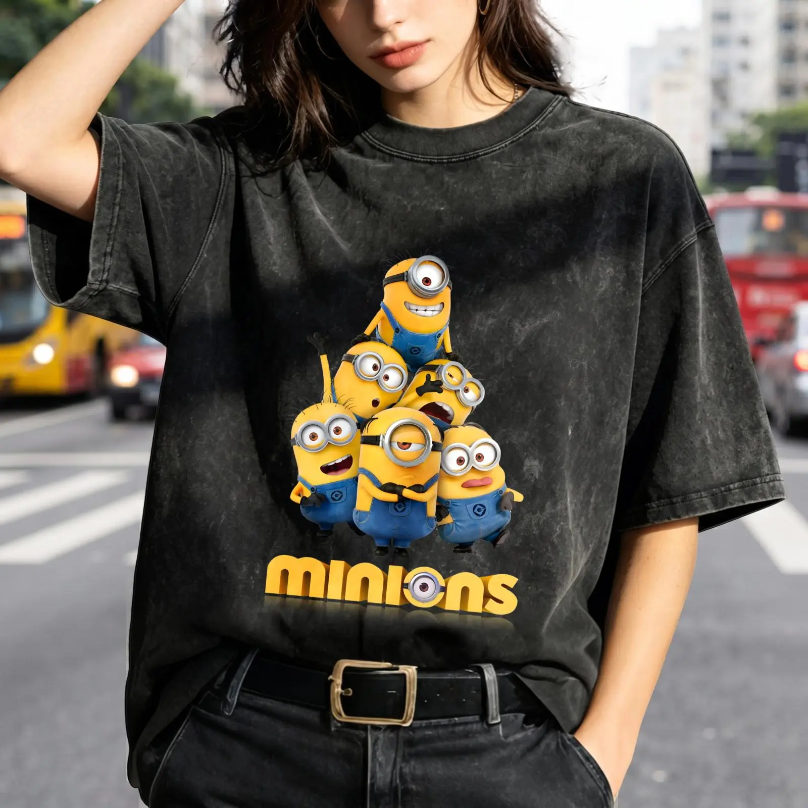 Minions Group Print Women's Vintage Washed T-Shirt Minions Group Graphic Tee Print Oversized Graphic Tee Outdoor Casual Short Sleeve