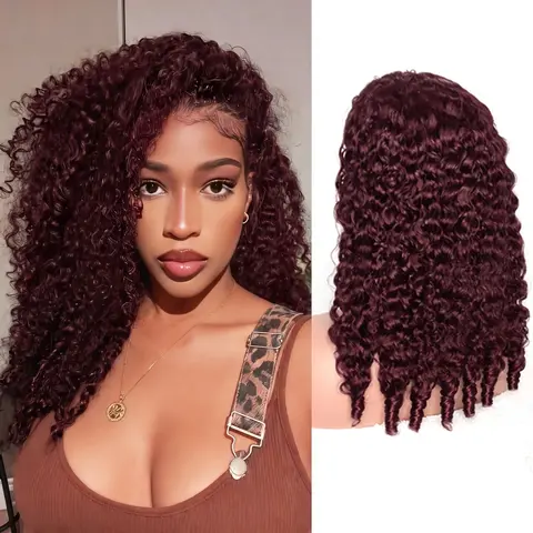 Burmese Curly Human Hair Half Wig in 99J Burgundy Shade with Springy Spiral Ends, 180% Density Glueless Wear & Go Drawstring Wig, No Glue No Sew Quick Installation