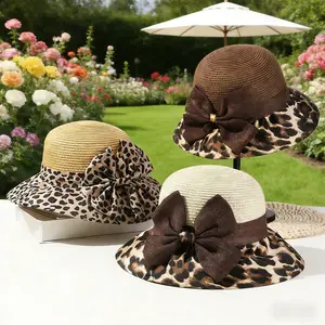 Straw Woven Breathable Sun Protection Hat Bucket Hat with Bow Leopard Print Fisherman Hat for Women