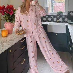 Maemukilabe Women Y2K Floral Pajama Set Long Sleeve Shirt and Pants Set Vintage 2 Piece Lounge Set Cute Bow Pjs Sleepwear