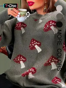 Women's Casual Mushroom Print Sweater Knitwear, Loose Fit Round Neck Knit Top, Comfortable Elegant Pullover for Fall & Winter