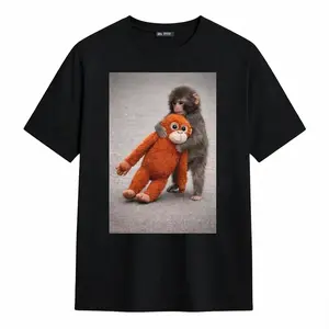 Punch Baby Monkey Hug Plush Toy T-Shirt – Cute Viral Baby Monkey Graphic Tee – Soft Cotton Unisex Streetwear Crewneck Top for Men & Women – Funny Meme Gift for Animal Lovers