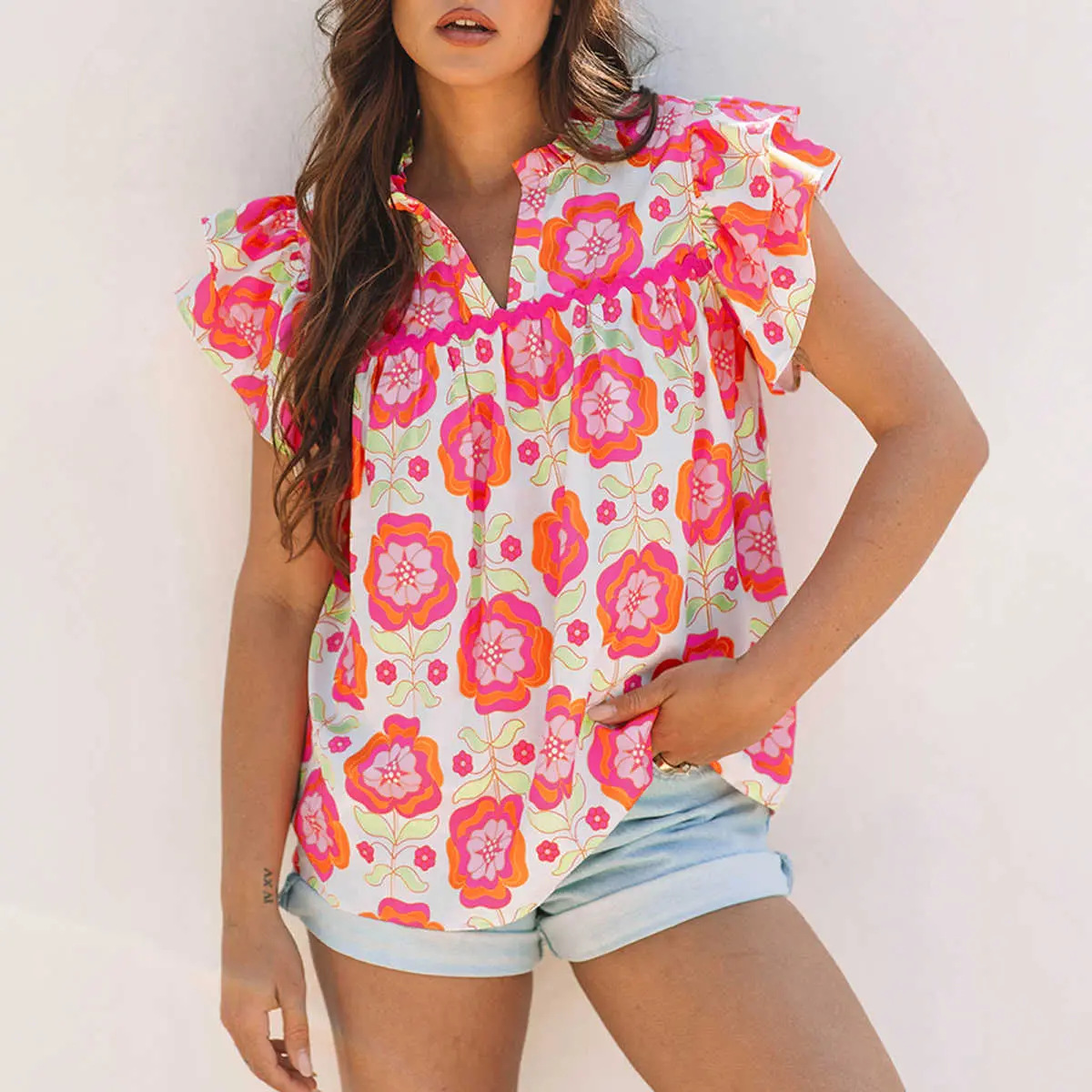 Rose Floral Ruffled Sleeve Ric-rac Trim Split Neck Loose Blouse