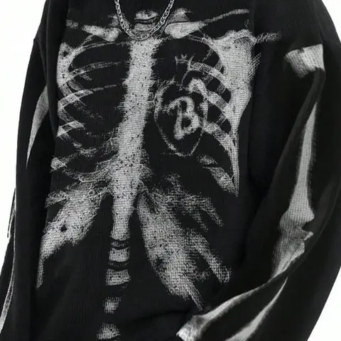 1pc Men's Vintage Y2K Skeleton Print Long Sleeve Tee Waffle Textured Relaxed Fit Casual Cyber Grunge Streetwear White