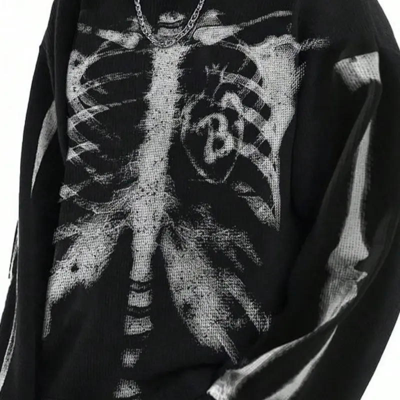 1pc Men's Vintage Y2K Skeleton Print Long Sleeve Tee Waffle Textured Relaxed Fit Casual Cyber Grunge Streetwear White