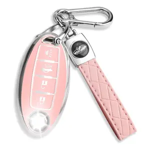 for Nissan Key Fob Cover with Keychain Silver Trim Soft TPU Case Compatible with Maxima Murano Altima Sentra Rogue 4 button