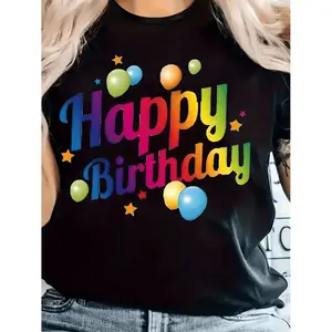Women'S "Happy Birthday" Graphic T-Shirt - Black Casual Crew Neck Short Sleeve Top with Colorful Balloon Design, Soft Slightly Stretch Knit Fabric, Perfect for Spring & Summer Celebrations