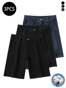 3-pack men’s denim shorts for summer: straight-leg, loose fit, 3D patchwork, mid-thigh length; high cotton content, washed denim; versatile American vintage men’s shorts.