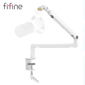 FIFINE Low Profile Podcast Microphone Stand, BM88 Gaming Mic Boom Arm with Desk Mount, Cable Channels Management, Adjustable Metal Boom Arm White for Recording/Streaming/Gaming/Home Office
