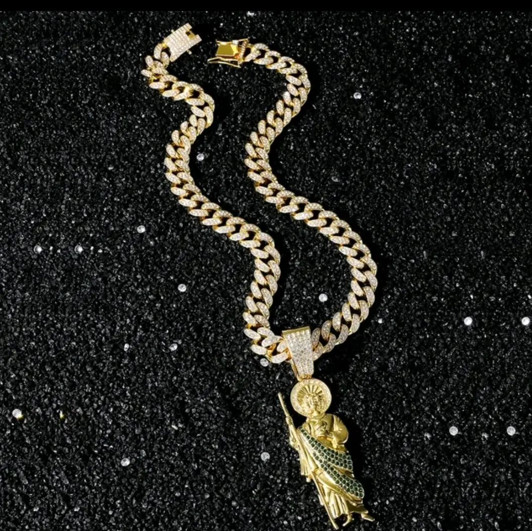 Alacran Butterflies San Judas Cruz Pendant with Cuban Chain 34 Inches Laminated Gold