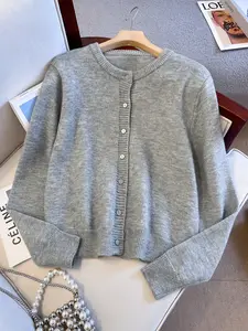 Women's Casual Everyday Knit Cardigan Sweater, Round Neck Button Front Design, Long Sleeve Drop Shoulder Style, Fitted Knitwear, Perfect for Fall & Winter Seasons, Tops Womenswear