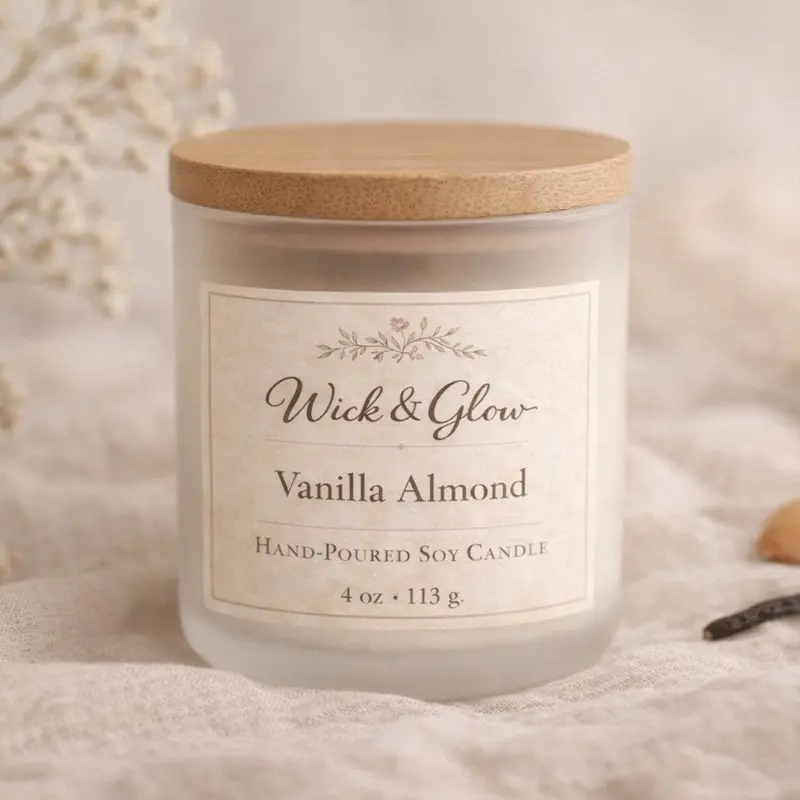 Wick & Glow Vanilla Almond Hand-Poured Soy Candle 4 oz 113 g with Bamboo Lid for Aromatic Home Fragrance