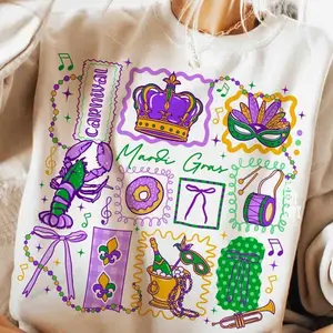 Youth And Adult Mardi Gras Doodle Icons Shirt, New Orleans Carnival Sweatshirt, Coquette Bow Mardi Gras Tee, Fat Tuesday Colorful NOLA