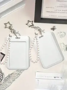 White card holder, equipped with a star pendant and pearl beads, can be used as a bag decoration or keychain, and can store ID cards, celebrity cards, bus cards, meal cards, subway cards, photos, address cards, access cards, etc.